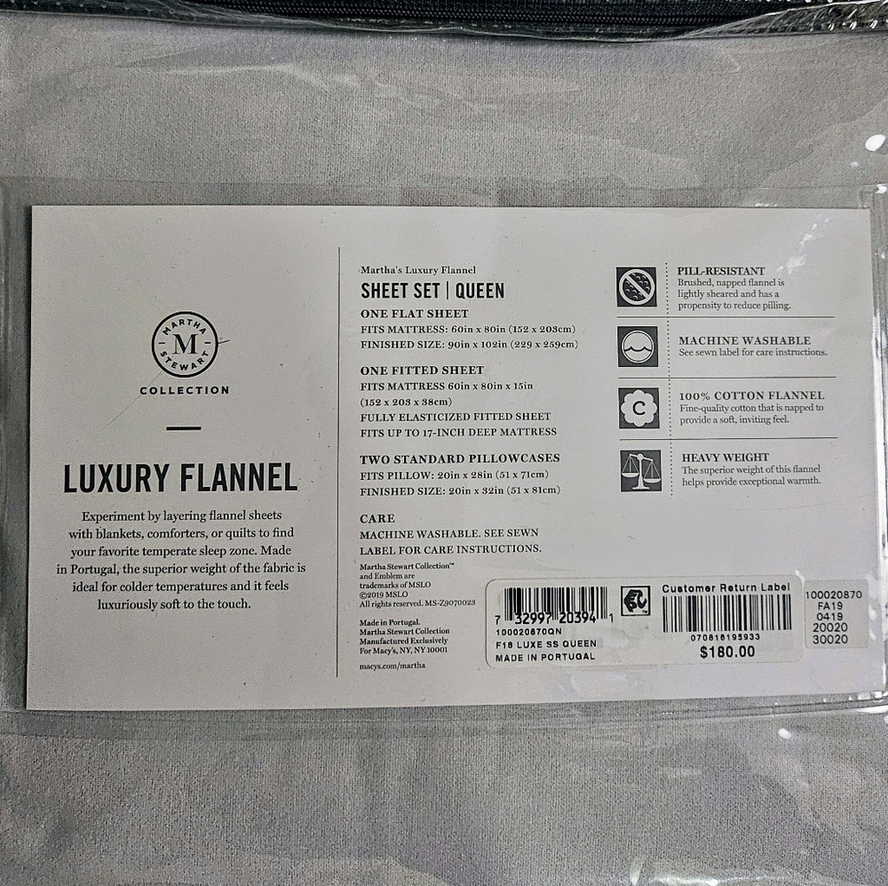 NIB Martha Stewart Luxury Flannel Sheet Set Queen Size